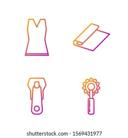 Set line Cutter tool, Zipper, Woman dress and Textile fabric roll. Gradient color icons. Vector