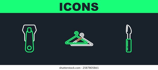 Set line Cutter tool, Zipper and Hanger wardrobe icon. Vector