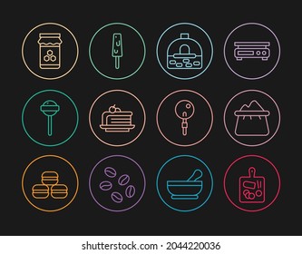 Set line Cutting board, Bag of flour, Brick stove, Piece cake, Lollipop, Jar honey,  and Ice cream icon. Vector