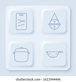 Set line Cutting board, Ball tea strainer, Cooking pot and Kitchen colander. White square button. Vector
