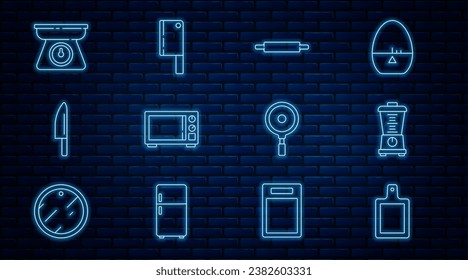 Set line Cutting board, Blender, Rolling pin, Microwave oven, Knife, Scales, Frying pan and Meat chopper icon. Vector