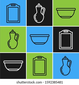 Set line Cutting board , Bowl  and Bottle of olive oil  icon. Vector