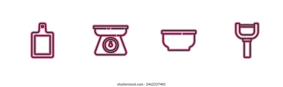 Set line Cutting board, Bowl, Scales and Peeler icon. Vector