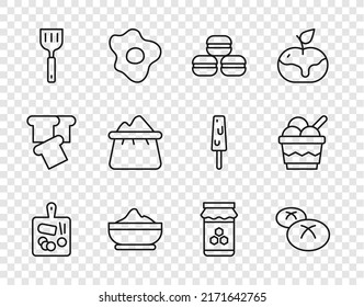 Set line Cutting board, Bread loaf, Macaron cookie, Flour bowl, Spatula, Bag of flour, Jar honey and Ice cream icon. Vector