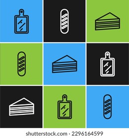 Set line Cutting board, Cake and French baguette bread icon. Vector