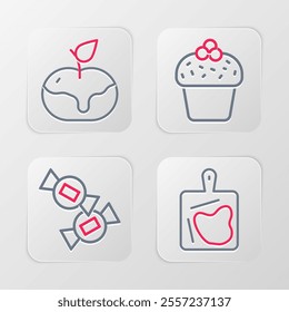 Set line Cutting board, Candy, Cake and Apple caramel icon. Vector