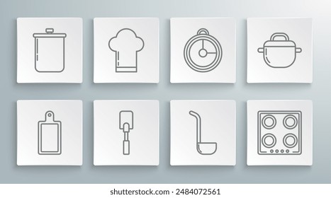 Set line Cutting board, Chef hat, Spatula, Kitchen ladle, Gas stove, timer, Cooking pot and  icon. Vector