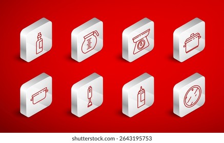 Set line Cutting board, Coffee pot, Scales, Cooking, Sauce bottle, Bottle olive oil, Blender and  icon. Vector