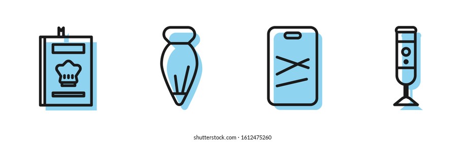 Set line Cutting board, Cookbook, Pastry bag for decorate cakes and Blender icon. Vector