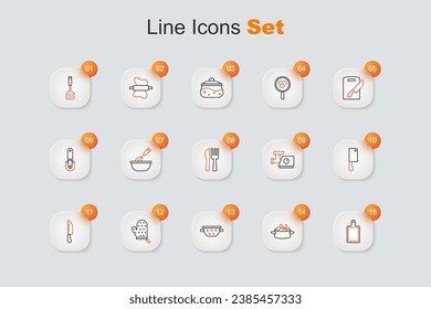Set line Cutting board, Cooking pot, Kitchen colander, Oven glove, Knife, Meat chopper, meat grinder and Crossed knife fork icon. Vector