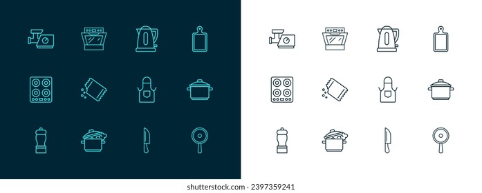 Set line Cutting board, Cooking pot, Kitchen apron, Knife, Packet of pepper, Electric kettle, meat grinder and Oven icon. Vector