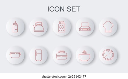 Set line Cutting board, Cooking pot, Grater, Citrus fruit juicer, Sauce bottle, Kettle with handle, Refrigerator and  icon. Vector