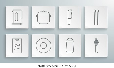 Set line Cutting board, Cooking pot, Plate, Salt and pepper, Honey dipper stick, Bread knife, Food chopsticks and Kettle with handle icon. Vector
