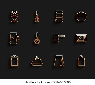 Set Line Cutting Board, Covered With Tray Of Food, Chef Hat Location, Bag Coffee Beans, Pizza Knife, Microwave Oven And Coffee Turk Icon. Vector