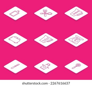 Set line Cutting board, Crossed fork and spoon, Measuring cup, Toaster with toasts, Scales, Knife and Kitchen apron icon. Vector