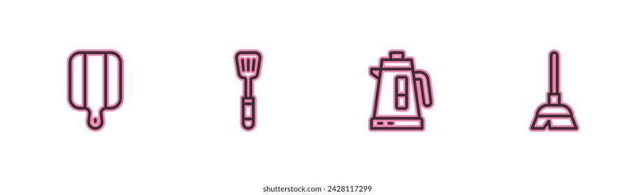 Set line Cutting board, Electric kettle, Spatula and Handle broom icon. Vector