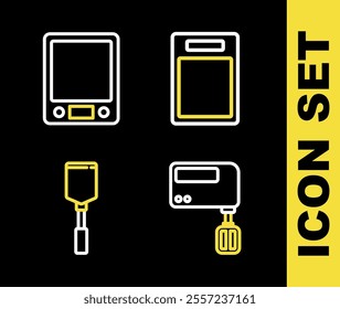 Set line Cutting board, Electric mixer, Spatula and Electronic scales icon. Vector