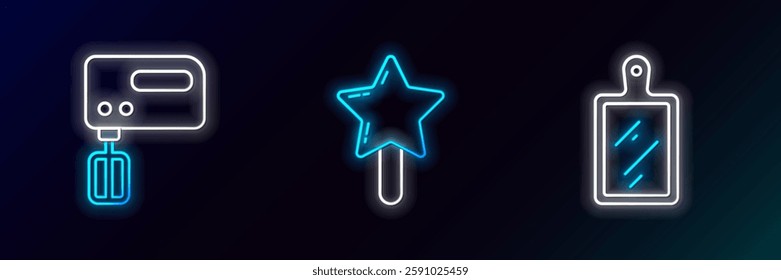 Set line Cutting board, Electric mixer and Lollipop icon. Glowing neon. Vector