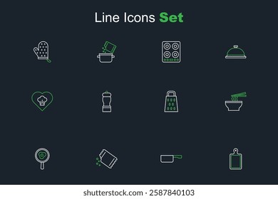 Set line Cutting board, Frying pan, Packet of pepper, Fried eggs on frying, Asian noodles bowl, Grater, Pepper and Chef hat icon. Vector