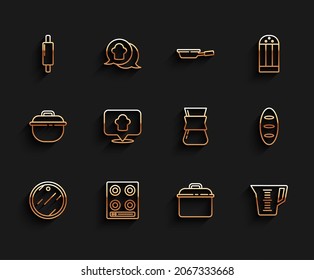 Set line Cutting board, Gas stove, Rolling pin, Cooking pot, Measuring cup, Chef hat with location, Bread loaf and Coffee turk icon. Vector