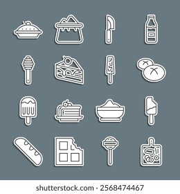 Set line Cutting board, Ice cream, Bread loaf, Knife, Piece of cake, Honey dipper stick, Homemade pie and  icon. Vector