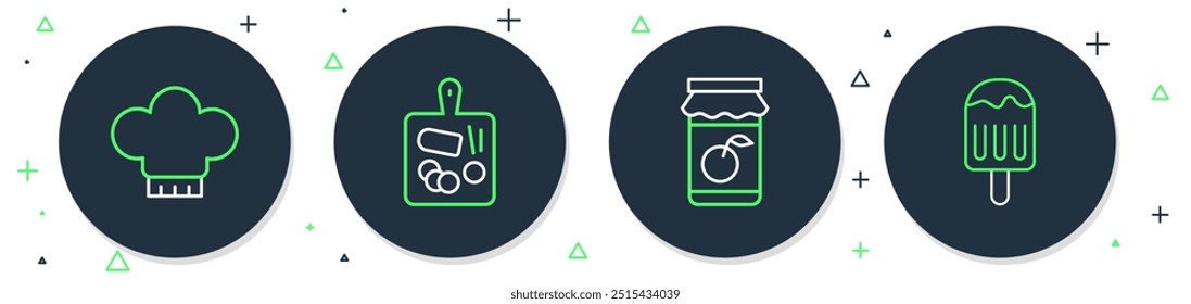 Set line Tabla de cortar, tarro de mermelada, sombrero de chef e icono de helado. Vector