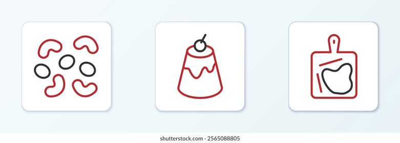 Set line Cutting board, Jelly candy and Pudding custard icon. Vector