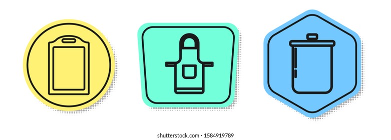 Set line Cutting board , Kitchen apron  and Cooking pot . Colored shapes. Vector