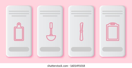 Set line Cutting board , Kitchen ladle , Knife  and Cutting board . White rectangle button. Vector