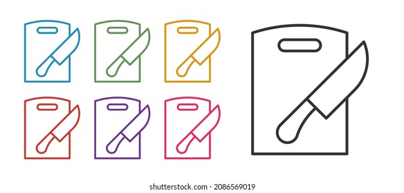 Set-Zeile Schneiden Sie Pappe und Messer Symbol einzeln auf weißem Hintergrund. Symbol für das Einkaufsporn. Farbensymbol. Stellen Sie die Symbole bunt ein. Vektorgrafik
