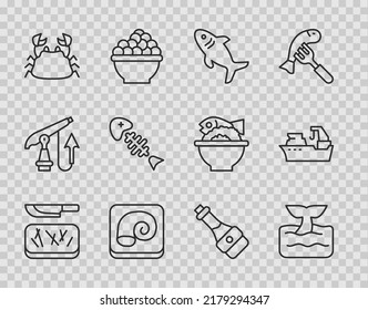 Set line Cutting board and knife, Whale tail ocean wave, Shark, Octopus on plate, Crab, Fish skeleton, Soy sauce bottle and Fishing boat icon. Vector