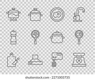 Set line Cutting board and knife, Scales, Scrambled eggs, Kitchen extractor fan, Cooking pot, Frying pan, Electric mixer and Fried on frying icon. Vector