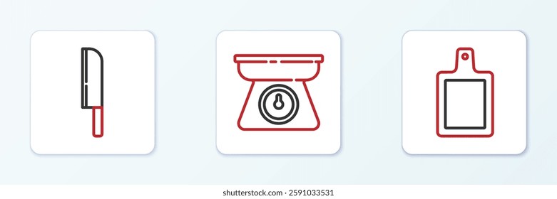 Set line Cutting board, Knife and Scales icon. Vector