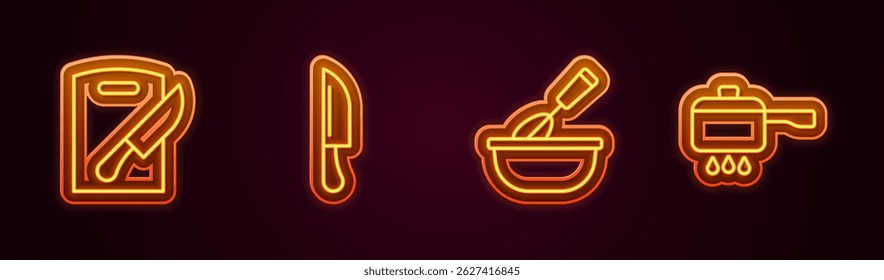 Set line Cutting board and knife, Knife, Cooking whisk with bowl and pot on fire. Glowing neon icon. Vector