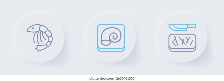 Set line Cutting board and knife, Octopus on plate and Shrimp icon. Vector