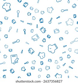 Set line Cutting board and knife, Chef hat and Spoon on seamless pattern. Vector