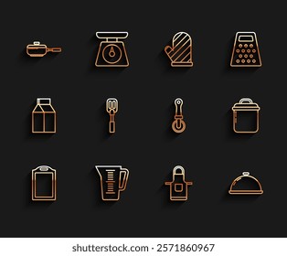 Set line Cutting board, Measuring cup, Frying pan, Kitchen apron, Covered with tray of food, Spatula, Cooking pot and Pizza knife icon. Vector