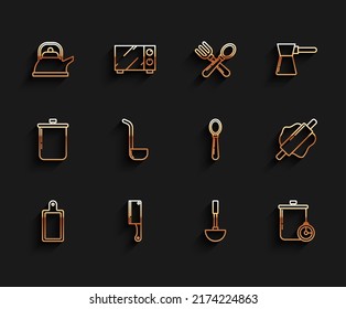 Set line Cutting board, Meat chopper, Kettle with handle, Kitchen ladle, Cooking pot kitchen timer, Rolling pin and Spoon icon. Vector