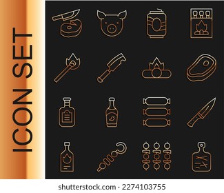 Set line Cutting board, Meat chopper, Steak meat, Soda can, Burning match with fire, and knife and Campfire icon. Vector