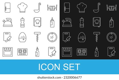Set line Cutting board and meat chopper, Sauce bottle, Kitchen ladle, Pepper, Kettle with handle, Refrigerator and Cookbook icon. Vector