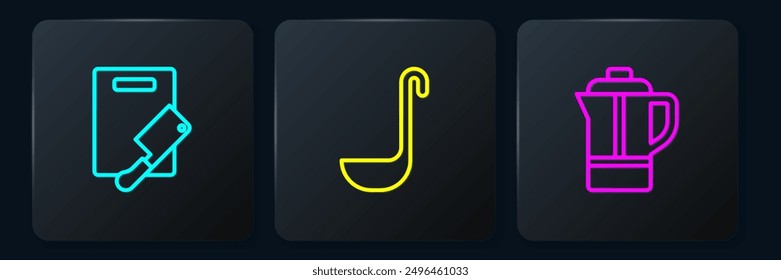 Set line Cutting board and meat chopper, Teapot and Kitchen ladle. Black square button. Vector