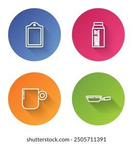 Set line Cutting board, Paper package for milk, Coffee cup and Frying pan. Color circle button. Vector