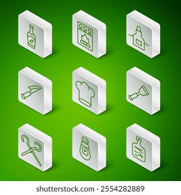 Set line Cutting board, Pepper, Ketchup bottle, Chef hat, Knife, Matchbox and matches, BBQ skewers and Spatula icon. Vector