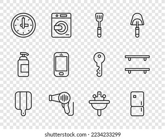 Set line Cutting board, Refrigerator, Spatula, Hair dryer, Clock, Mobile phone, Washbasin and Empty wooden shelves icon. Vector