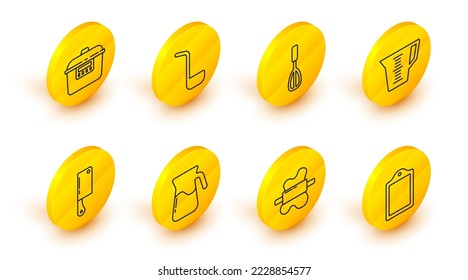 Fijar la línea Tablero de corte, Pomo rodante en la masa, Vidrio Jug con agua, Cuchillo de carne, Taza de medida, Susurro de cocina, cuchara y icono de cocina lenta. Vector