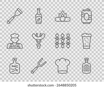 Set line Cutting board, Sauce bottle, Campfire, Barbecue fork, Spatula, Sausage on the, Chef hat and Glass of beer icon. Vector