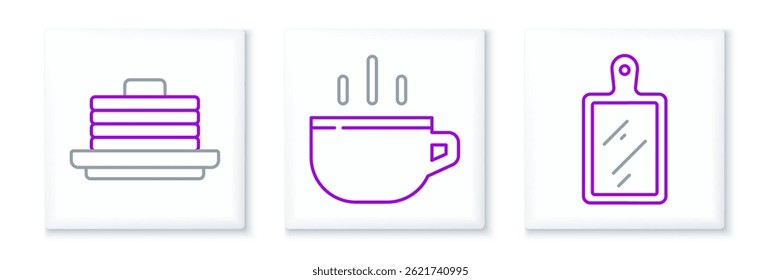 Set line Cutting board, Stack of pancakes and Coffee cup icon. Vector