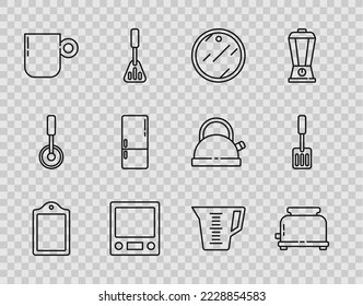 Set line Cutting board, Toaster, Electronic scales, Coffee cup, Refrigerator, Measuring and Spatula icon. Vector
