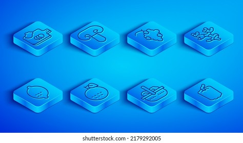 Set line Cutting board with vegetables, Mushroom, Grape fruit, Orange, Basket and food, Ginger root, Lemon and Bell pepper icon. Vector