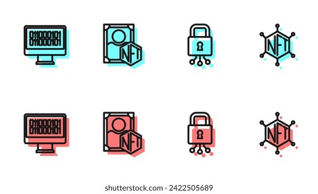 Set line Cyber security, Binary code, NFT Digital crypto art and blockchain technology icon. Vector